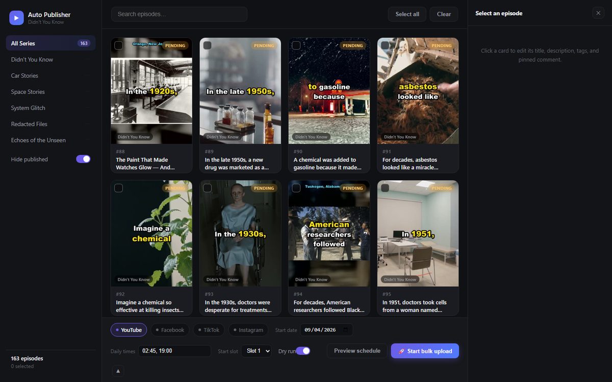 Auto Studio Pro Publisher dashboard, episode grid