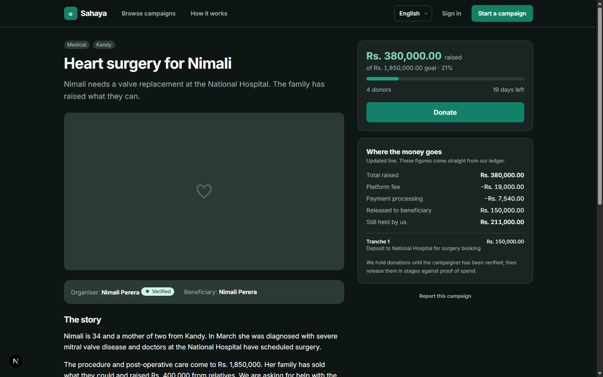Sahaya campaign detail with live fund ledger